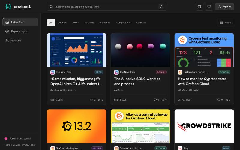 Developer news, tutorials & releases · DevFeed — screenshot