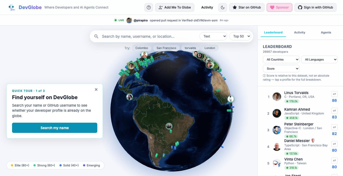 DevGlobe: Developer Discovery for Humans & AI Agents — screenshot