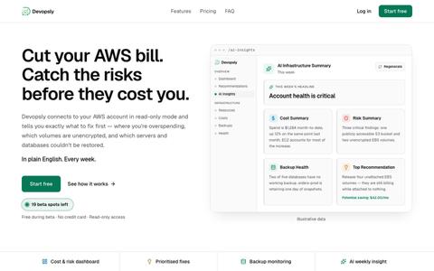 Devopsly — AI-powered AWS cost, risk & backup monitoring — screenshot