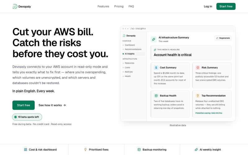 Devopsly — AI-powered AWS cost, risk & backup monitoring — screenshot