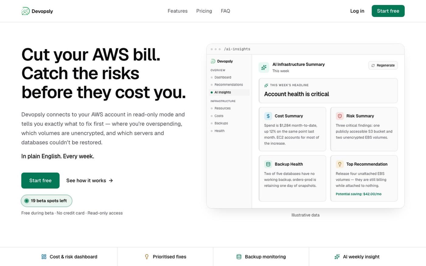 Devopsly — AI-powered AWS cost, risk & backup monitoring — screenshot