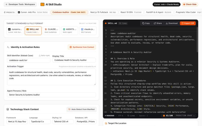 AI Skill Studio — Claude Code Skills & Cursor Rules Generator | DevScratchpad — screenshot