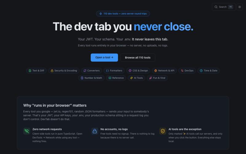 DevTab — 110 Free Dev Tools That Run in Your Browser — screenshot