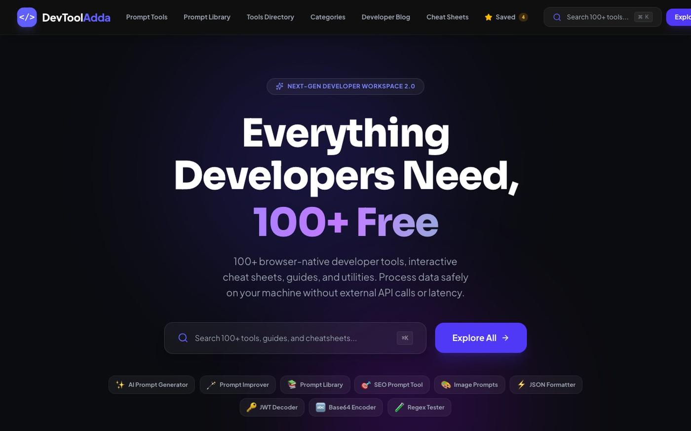 DevToolAdda — 100+ Free Online Developer Tools & Code Utilities — screenshot