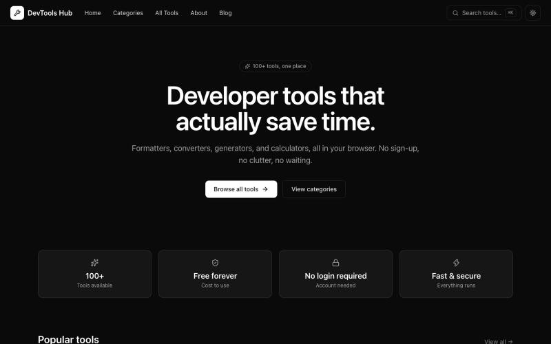 DevTools Hub — 100+ Free Developer Tools — screenshot