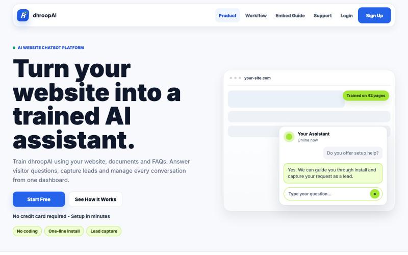 dhroopAI - AI Chatbot Platform for Websites — screenshot