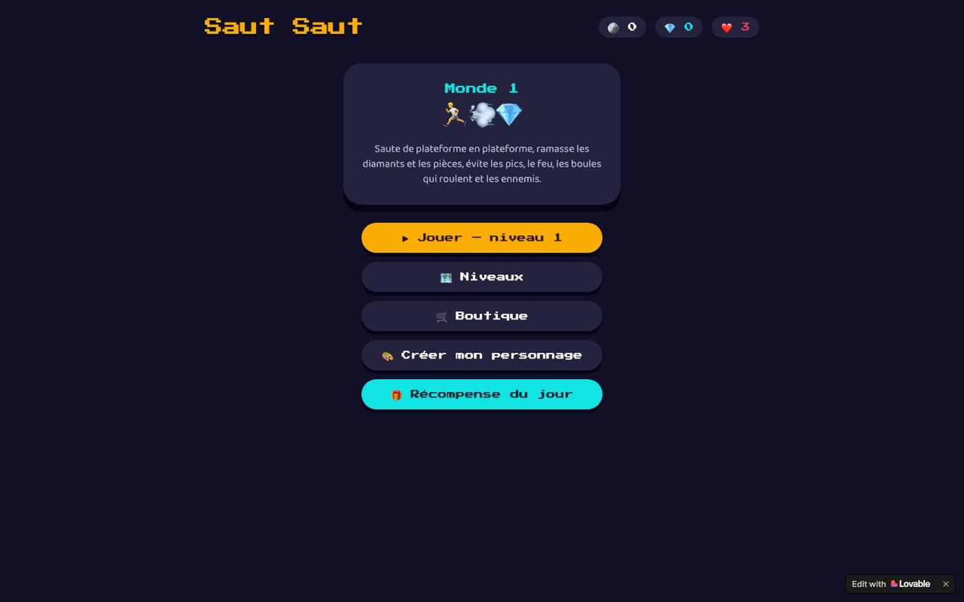 Saut Saut — Jeu de plateforme 2D avec diamants et pièces — screenshot