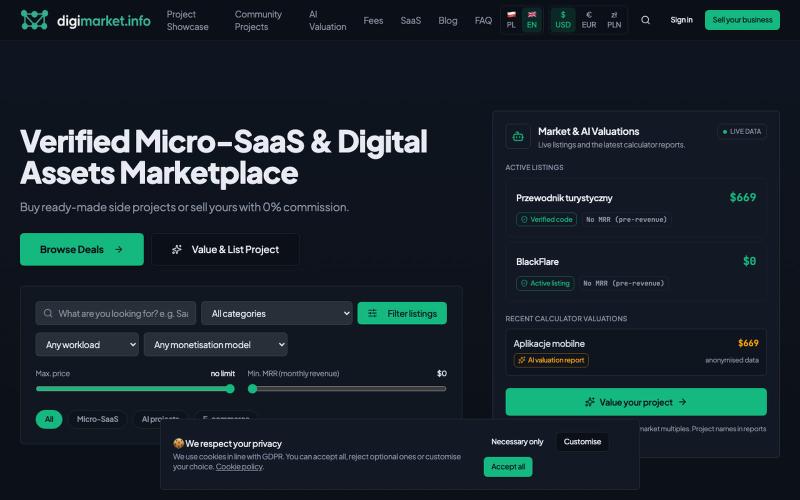 Digimarket.info — Giełda zweryfikowanych projektów IT i Micro-SaaS — screenshot