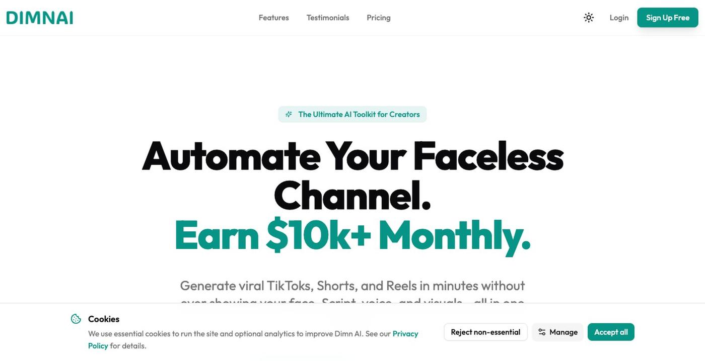 Dimn AI | #1 Faceless Video & Viral Shorts Generator — screenshot