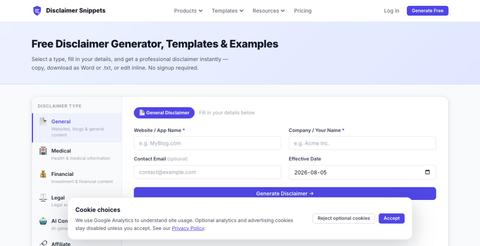 Free Disclaimer Generator & Templates | SafeClause — screenshot