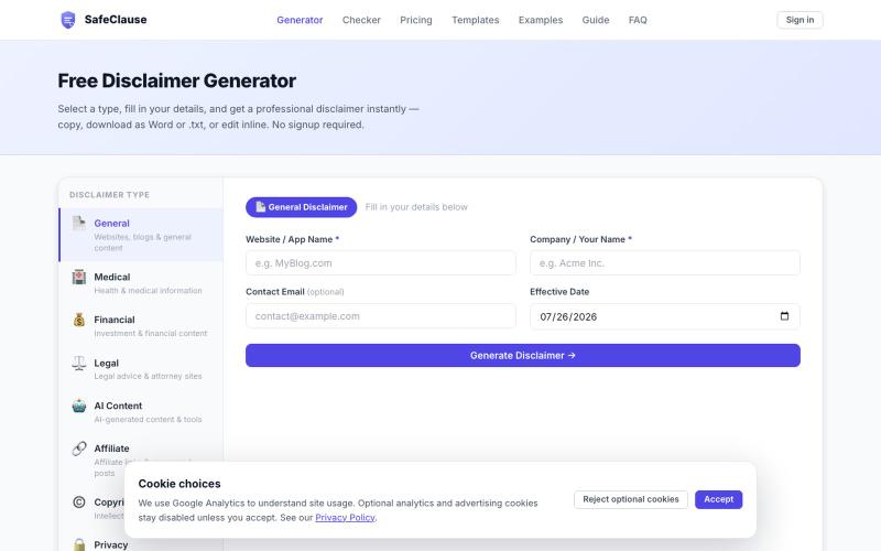 Free Disclaimer Generator & Templates | SafeClause — screenshot