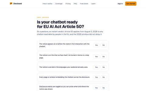 Free EU AI Act chatbot checker | Disclosed — screenshot