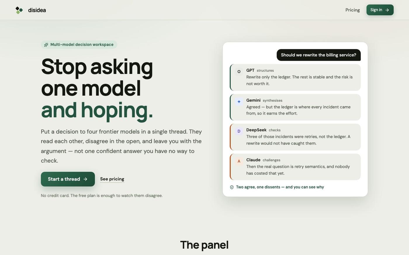 Disidea — put a decision to four frontier models at once — screenshot