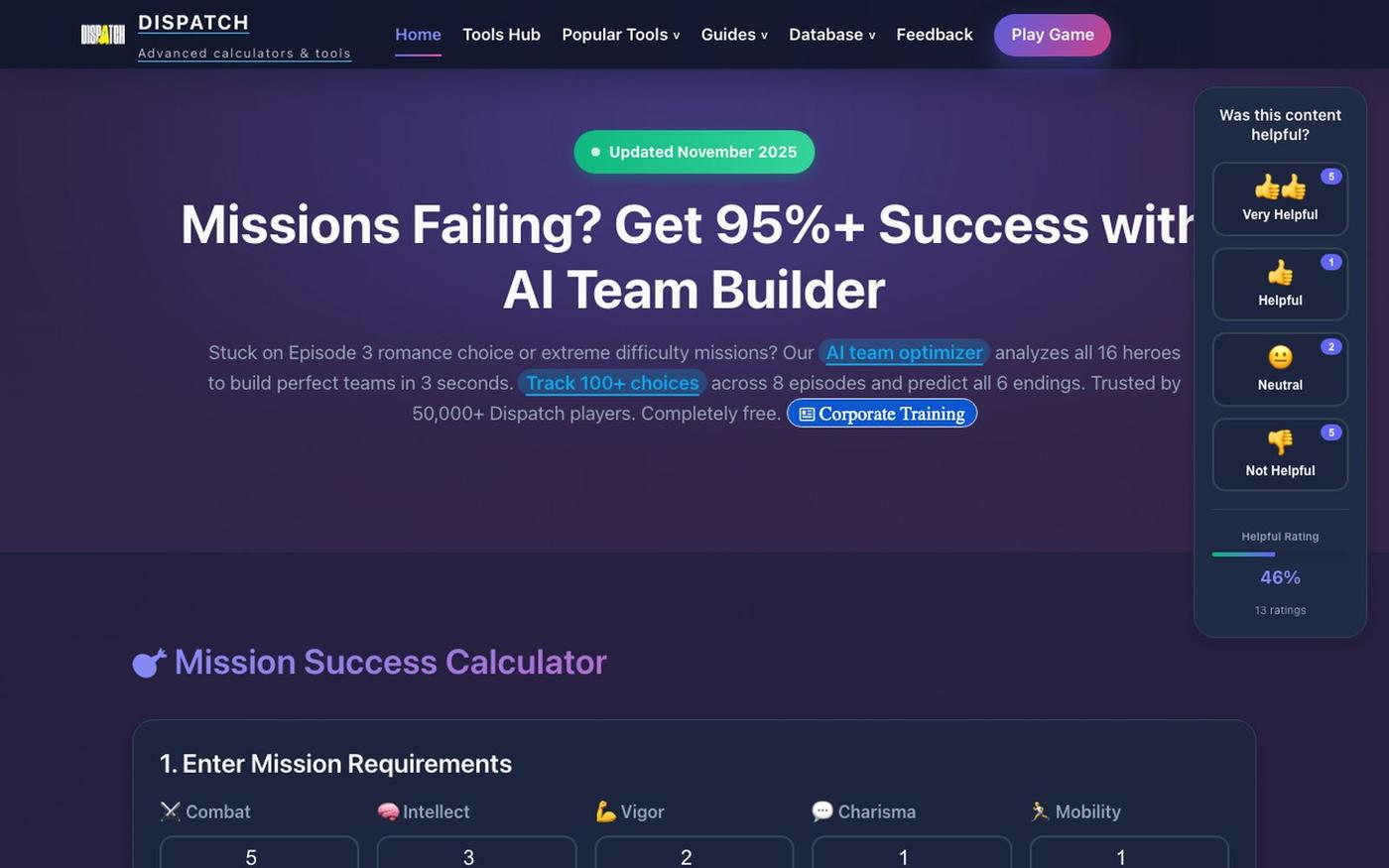 Dispatch Calculator - Get 95%+ Mission Success | Free AI Team Builder 2025 — screenshot