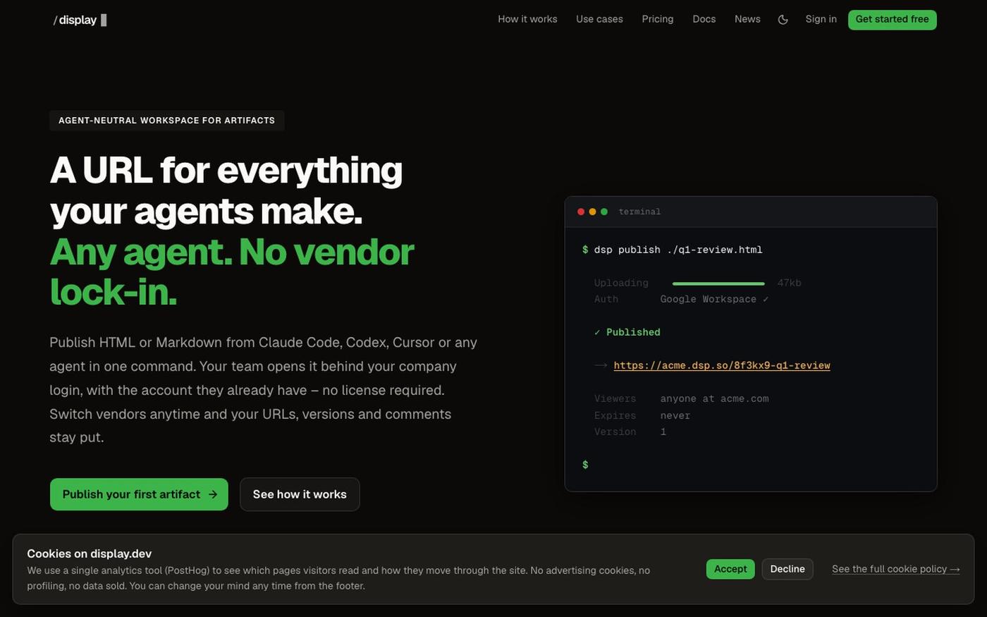Display.dev – Agent-neutral workspace for artifacts — screenshot