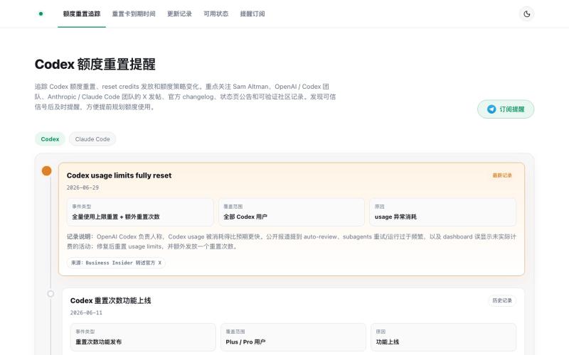 Codex 额度重置提醒|别错过 reset credits — screenshot