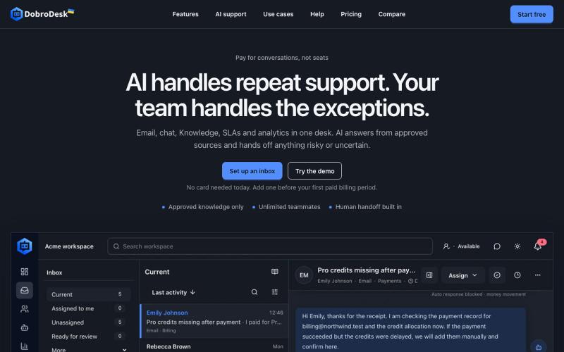 customer support inbox with controlled AI | DobroDesk — screenshot