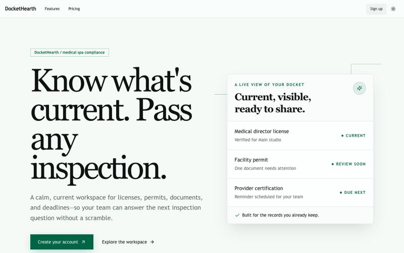 Know what's current. Pass any inspection. | DocketHearth — screenshot