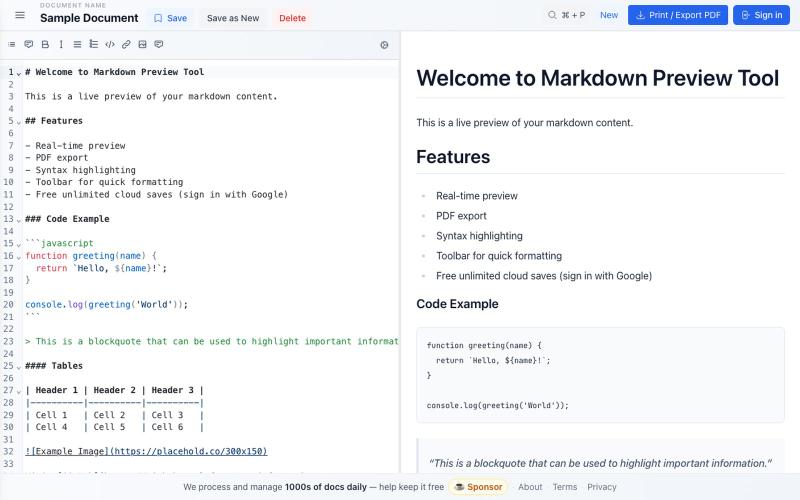 Docly — Free Online Markdown Editor with Live Preview & PDF Export — screenshot