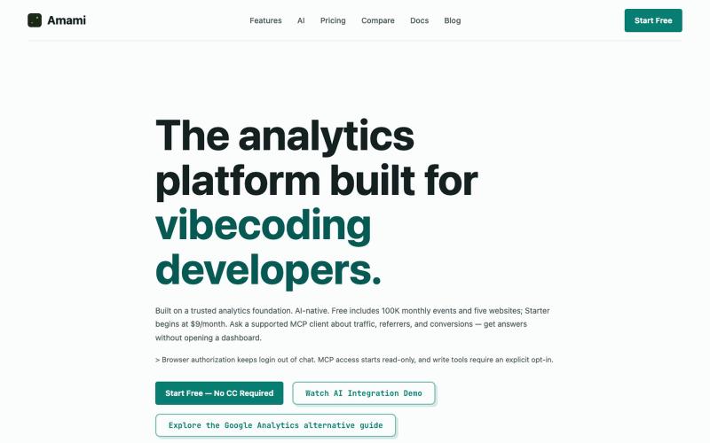 AI Web Analytics and Google Analytics Alternative | Amami — screenshot