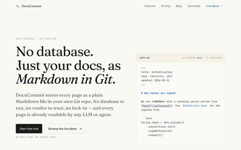 DocuCommit · Docs as Markdown in your Git · No database, no lock-in — screenshot