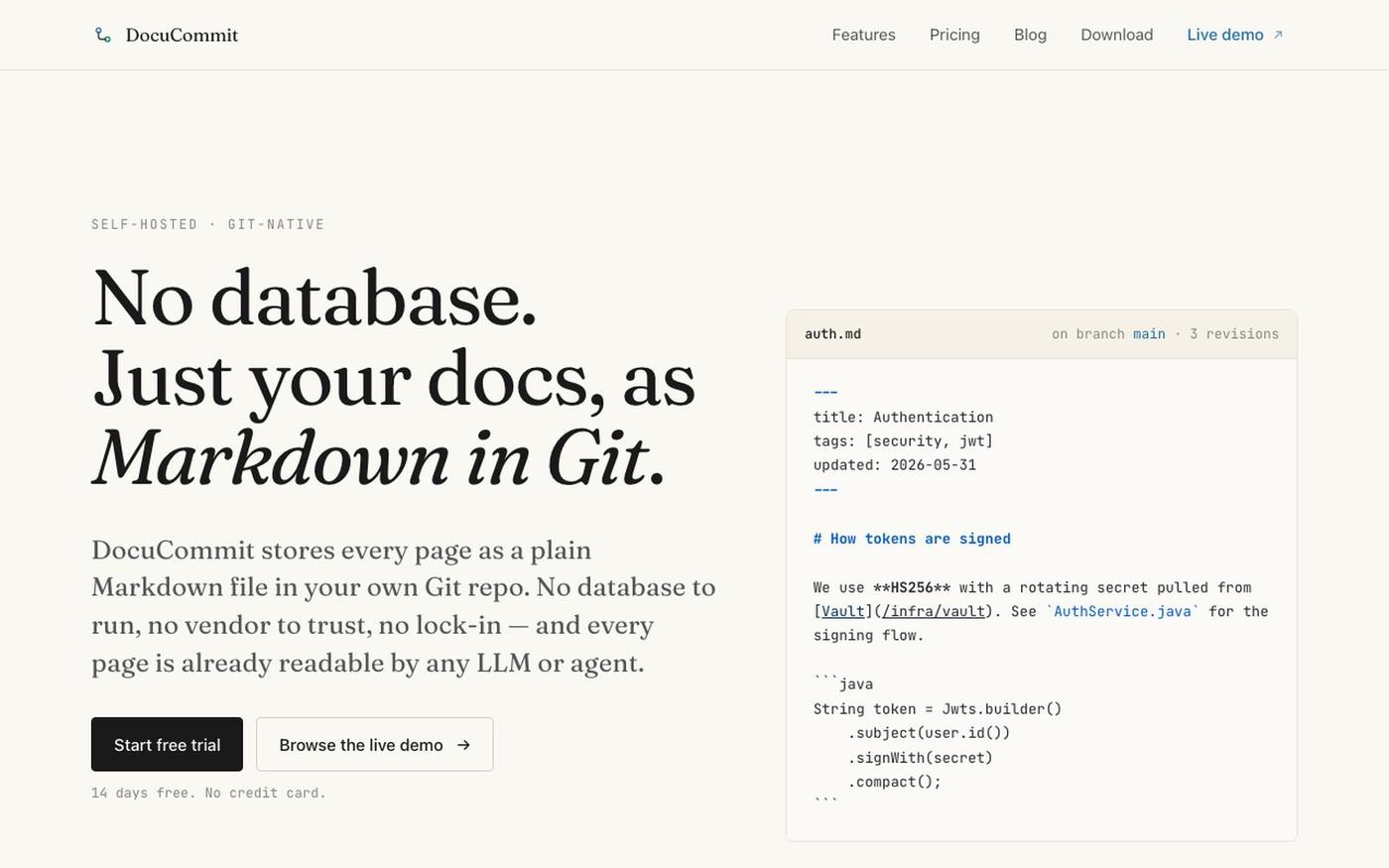 DocuCommit · Docs as Markdown in your Git · No database, no lock-in — screenshot