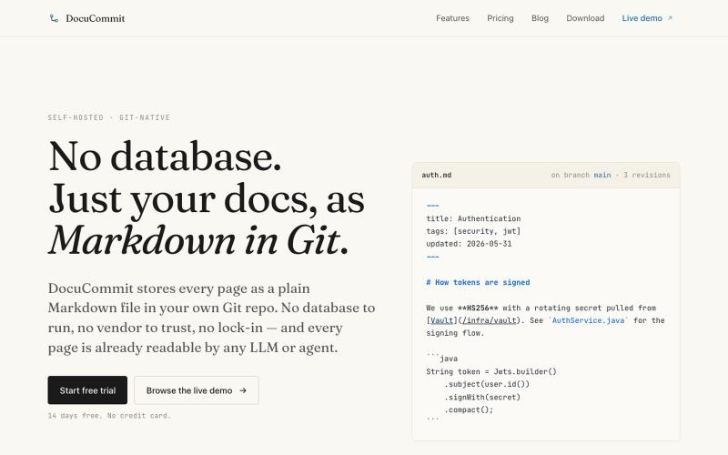 DocuCommit · Docs as Markdown in your Git · No database, no lock-in — screenshot