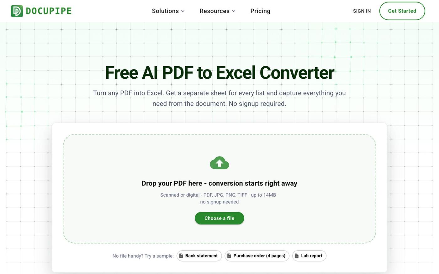 Convert PDF to Excel Free - AI, Scanned PDFs, No Signup | DocuPipe — screenshot