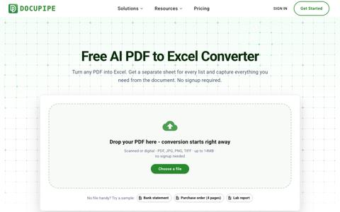 Convert PDF to Excel Free - AI, Scanned PDFs, No Signup | DocuPipe — screenshot