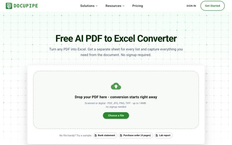 Convert PDF to Excel Free - AI, Scanned PDFs, No Signup | DocuPipe — screenshot