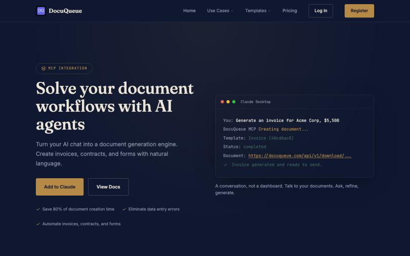 The Deterministic Document Layer for AI Agents | DocuQueue MCP — screenshot