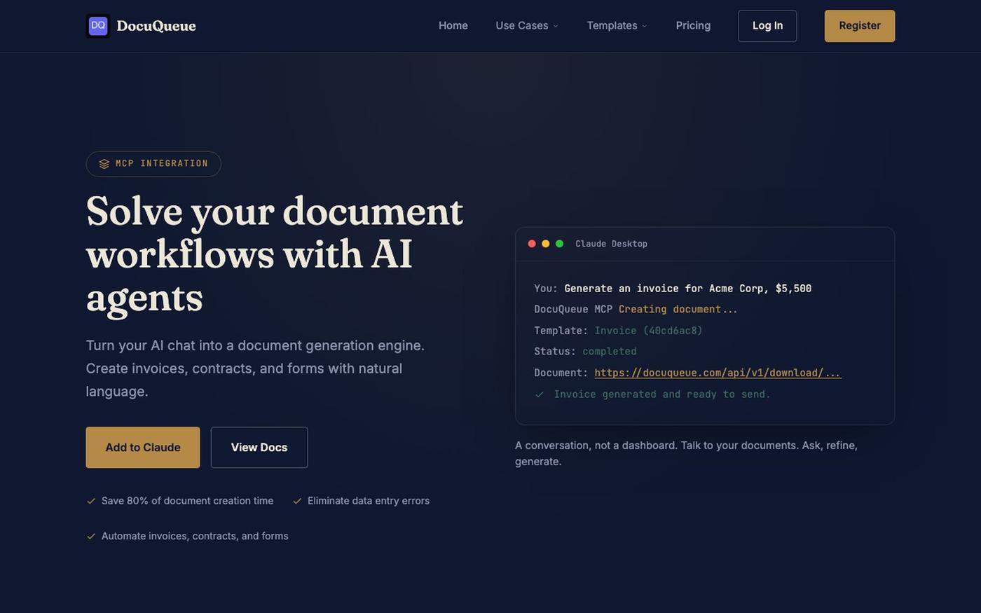 The Deterministic Document Layer for AI Agents | DocuQueue MCP — screenshot