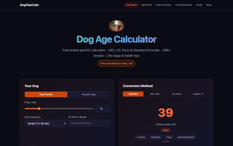 Dog Age Calculator — Free Breed-Specific Tool (AKC, UC Davis & Standard) — screenshot