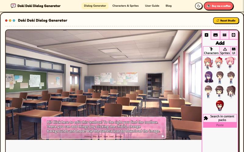 Doki Doki Dialog Generator: Create Custom DDLC Dialogue Scenes & Comics — screenshot