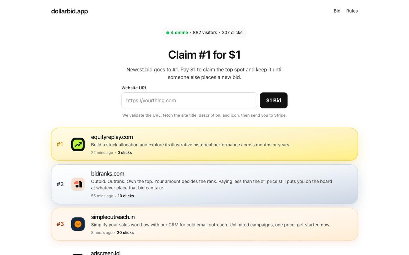 DollarBid — Advertise Your Website for $1 — screenshot