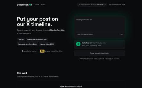 DollarPost · Anyone can post on our X account. One dollar. — screenshot