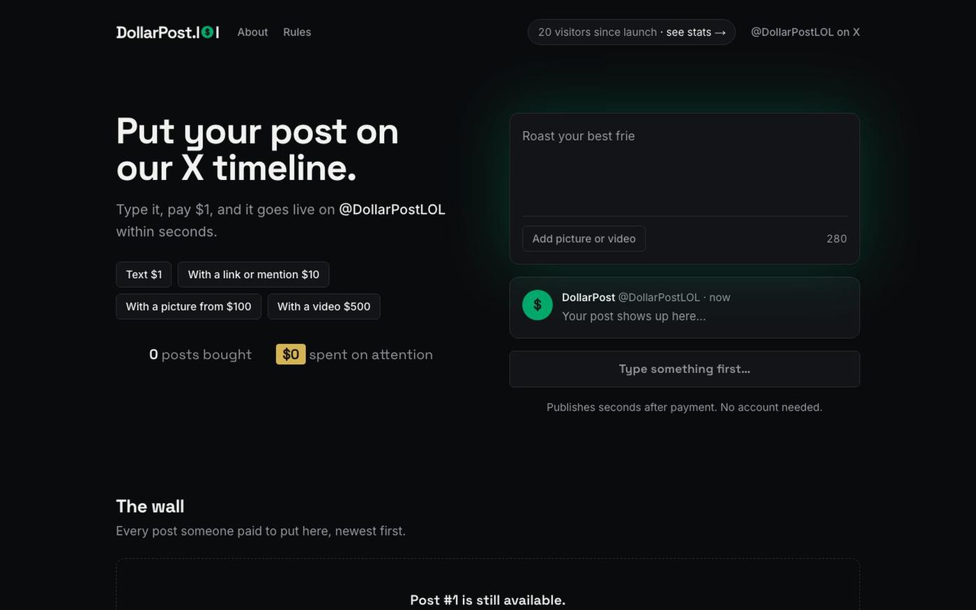 DollarPost · Anyone can post on our X account. One dollar. — screenshot