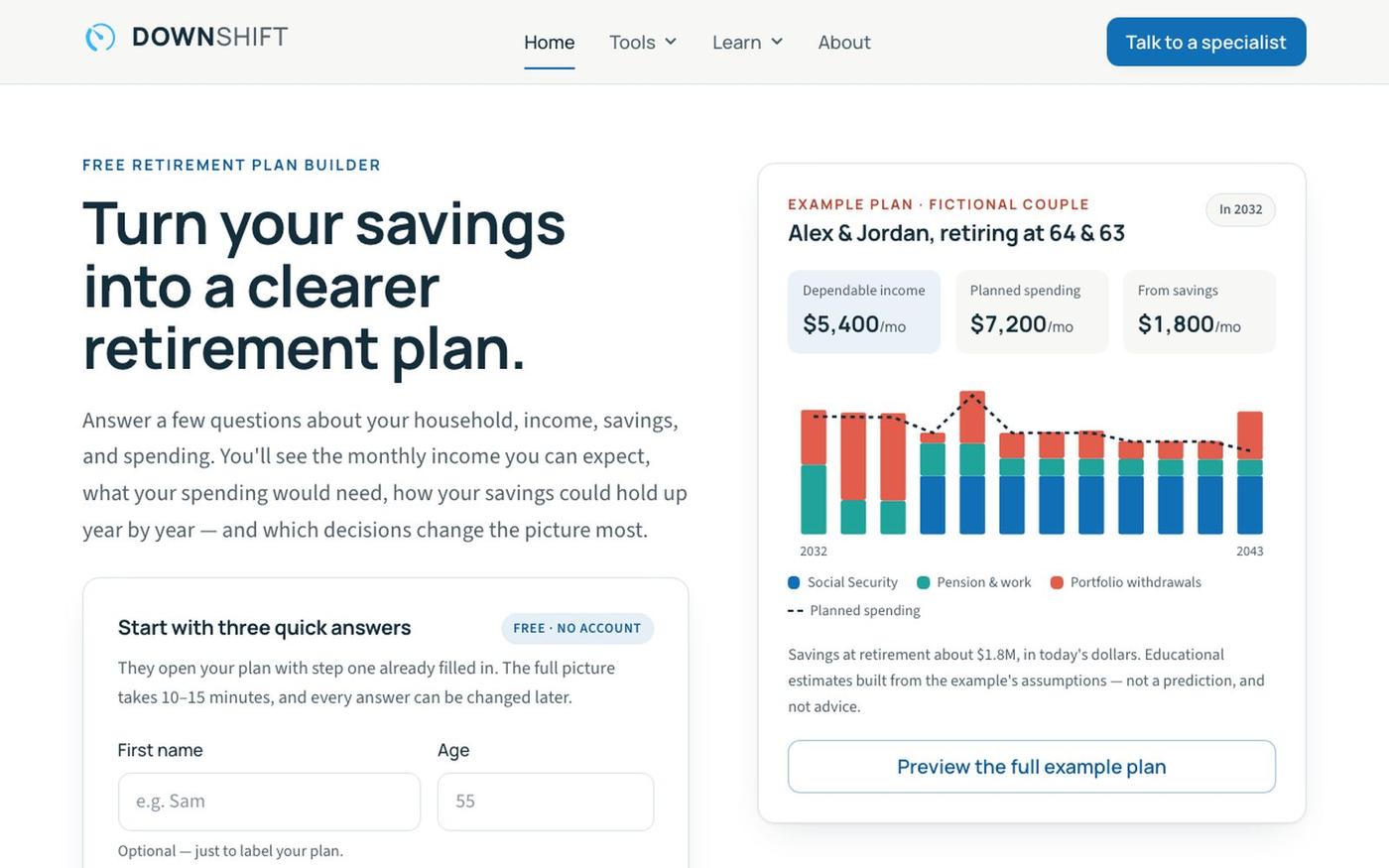 Downshift — Retirement planning, without the noise — screenshot