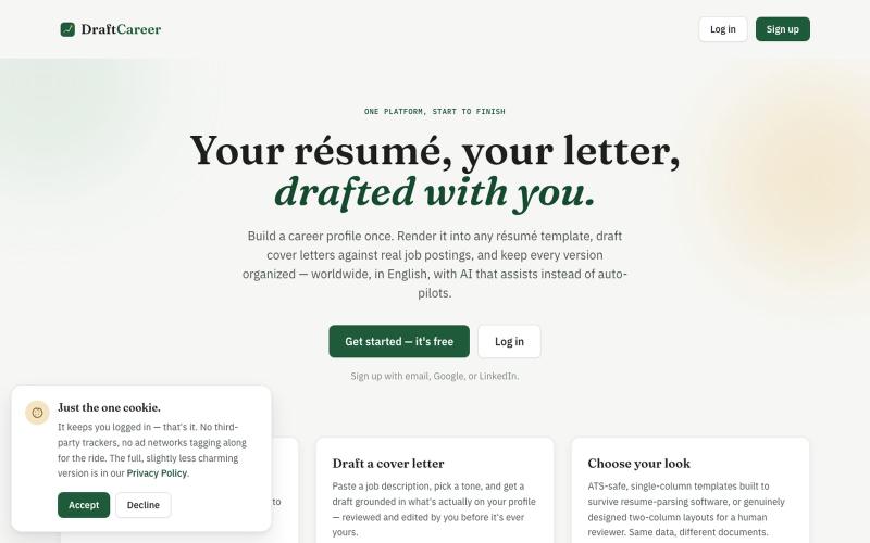 DraftCareer — Free Resume, CV & Cover Letter Builder — screenshot