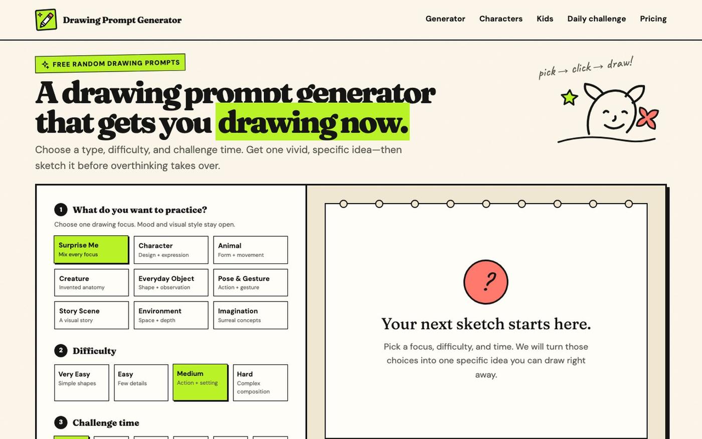 Drawing Prompt Generator — Random Ideas & Timed Challenges — screenshot