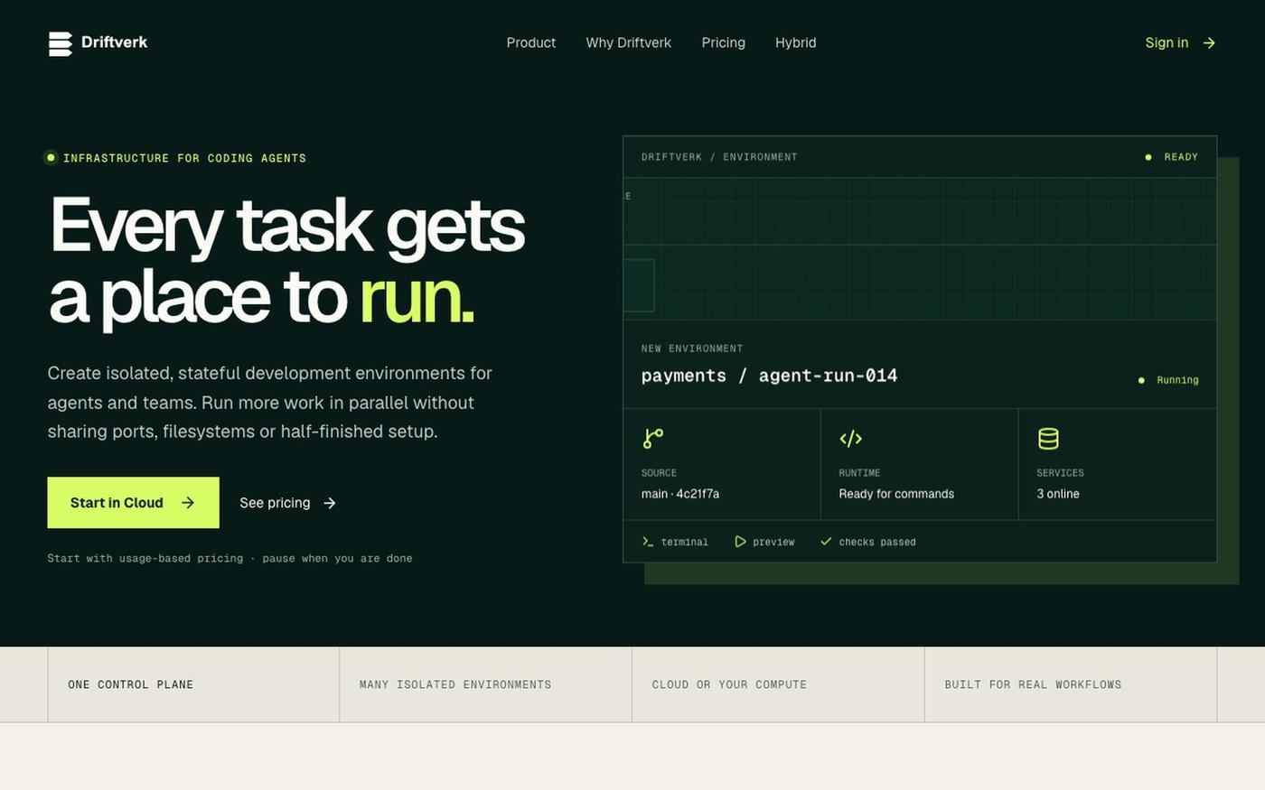 Driftverk | Infrastructure for coding agents — screenshot