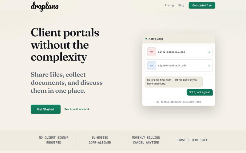 Droplana — Client portals without the complexity — screenshot