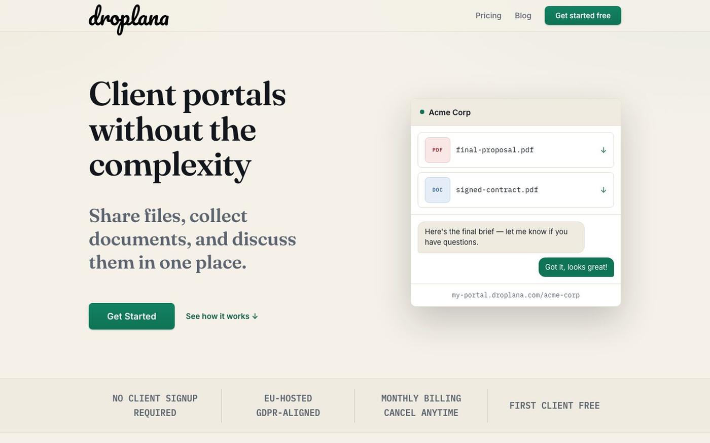 Droplana — Client portals without the complexity — screenshot