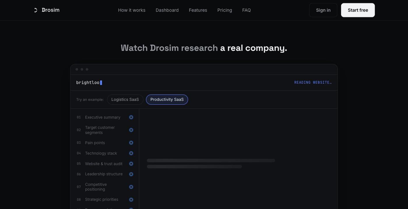 Drosim - AI Market Research & Business Intelligence — screenshot