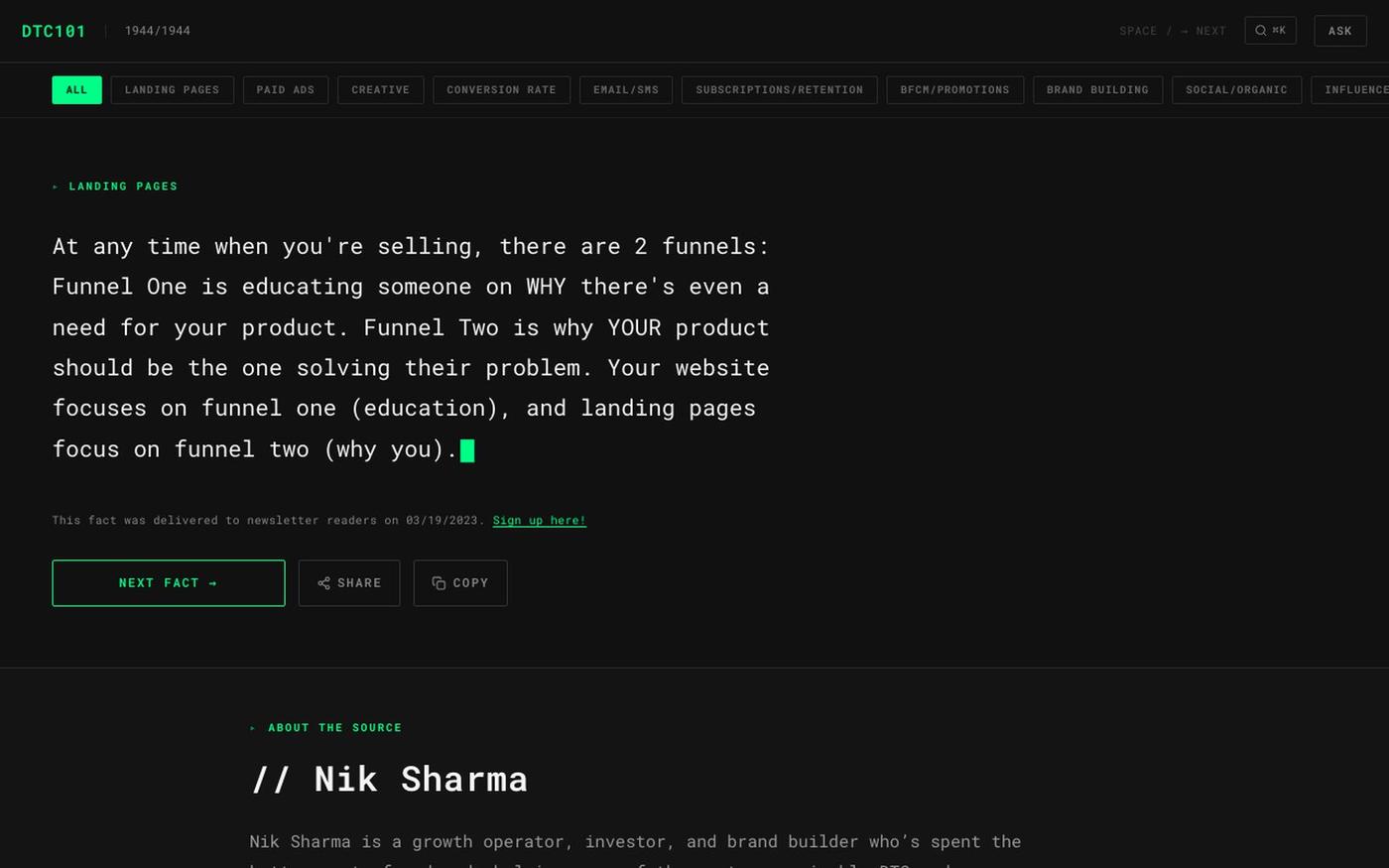 DTC101 — DTC & eCommerce Facts by Nik Sharma | 1,944 Tips on Paid Ads, Email, Co — screenshot