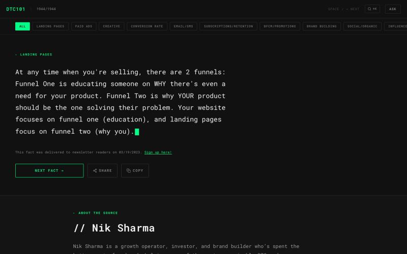 DTC101 — DTC & eCommerce Facts by Nik Sharma | 1,944 Tips on Paid Ads, Email, Co — screenshot