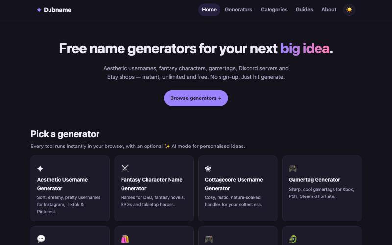 Dubname — Free name & username generators for creators, gamers and makers. — screenshot