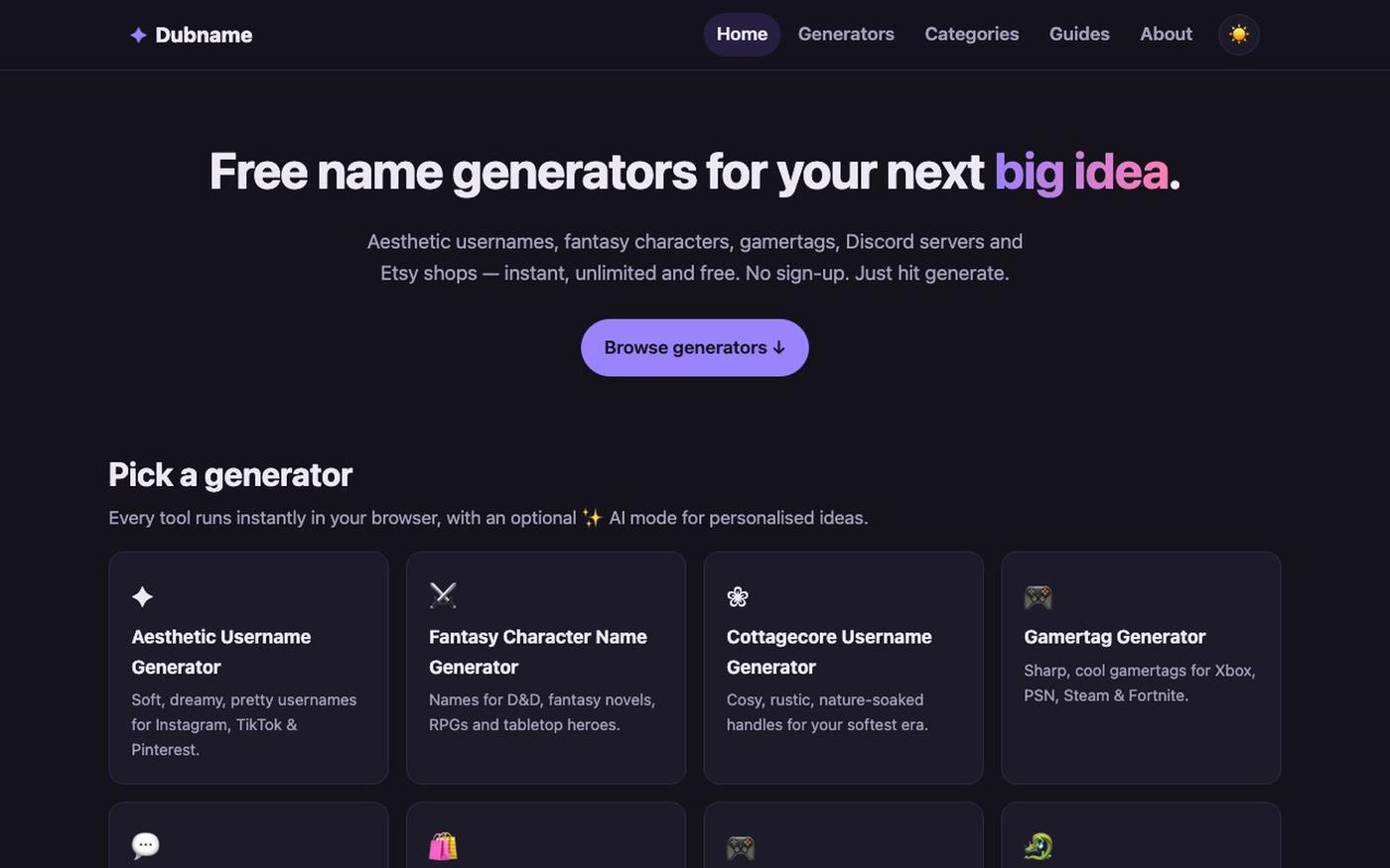 Dubname — Free name & username generators for creators, gamers and makers. — screenshot
