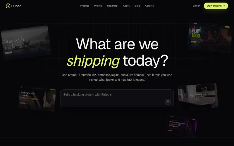Dunea | One prompt. A full-stack site, live on your domain. — screenshot