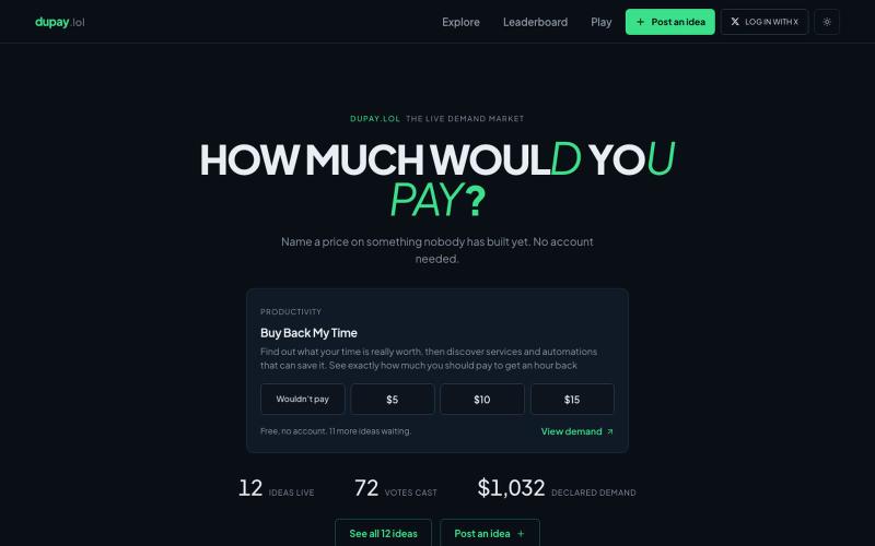 How Much Would You Pay? · Price the ideas that do not exist yet — screenshot